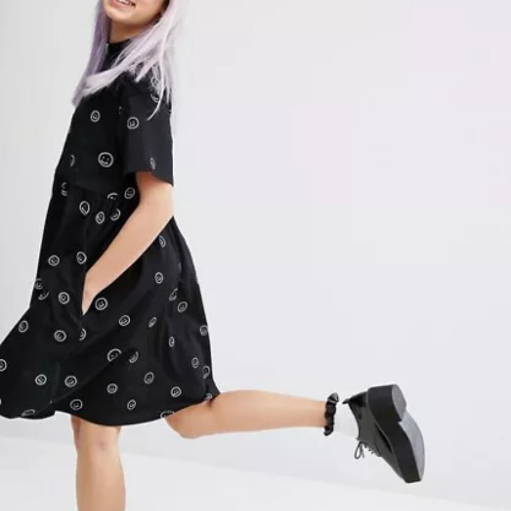 Lazy Oaf happy sad zip up smiley face black dress medium large M L XL bnwt